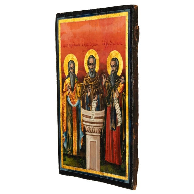 Antique Greek Eastern Orthodox Religious Painted Icon Egg Tempera 3 Saints 1780 For Sale - Image 14 of 15