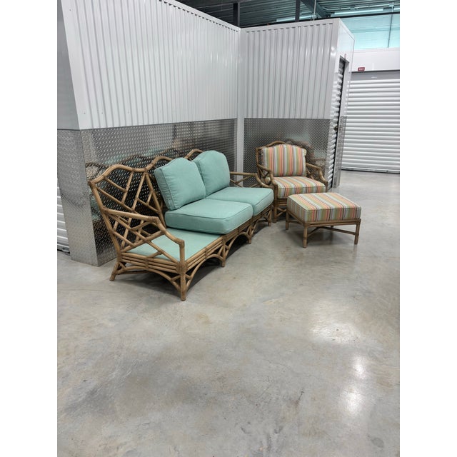 David Francis Attributed Chippendale Rattan Sofa Set. Couch, Chair and Ottoman, Used, Like New, for Fraction of Price. For Sale In West Palm - Image 6 of 12