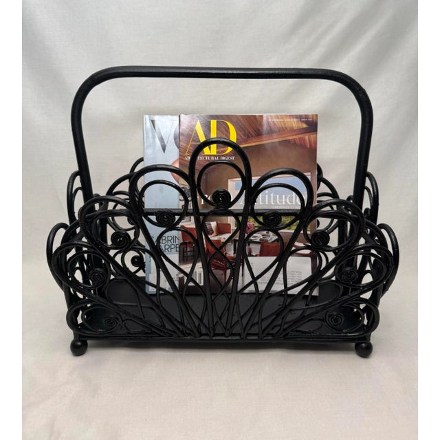 Boho Chic Black Painted Rattan Magazine Rack For Sale - Image 4 of 12