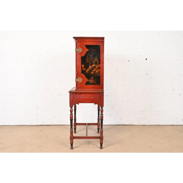 Antique Chinoiserie Jacobean Red Lacquered Hand Painted Bookcase or Bar Cabinet, Circa 1920s For Sale - Image 10 of 12
