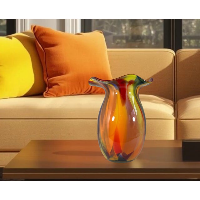 Orange Bulbous Orange Marbled Flared Lip Art Glass Vase For Sale - Image 8 of 16