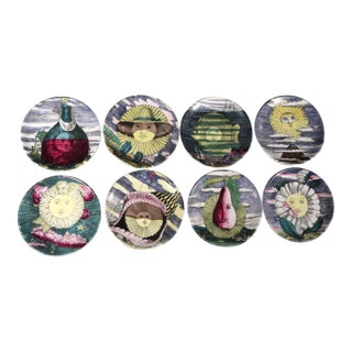Piero Fornasetti Surreal Sun-Motif Ceramic Complete Set of Coasters, "12 Mesi, 12 Soli" Design For Sale