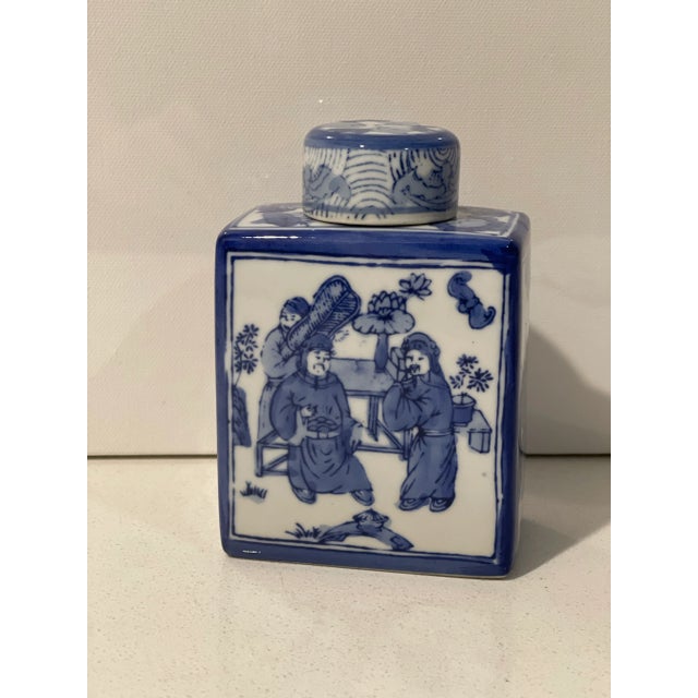 Antique Chinese Export, Porcelain Tea Caddie Blue and White with Personages, early 20th Century. Hand-painted, no markings...