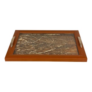 Vintage Traditional Copper Relief Glass Top Butlers Serving Tray For Sale