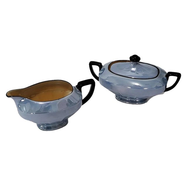 1930s Art Deco Victoria Czechoslovakia Powder Blue & Peach Lusterware Tea Service For Sale - Image 4 of 8