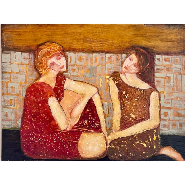 "Confidantes" is a poignant oil and mixed-media painting done on a heavily textured cotton canvas. It portrays two young...