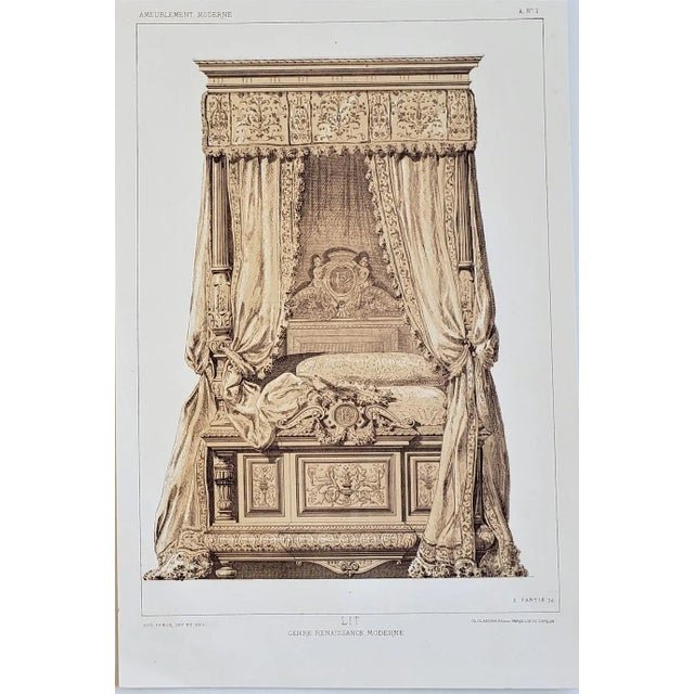 Renaissance Pair-1878 French Lithographs-Renaissance Furnishings-Beds For Sale - Image 3 of 4