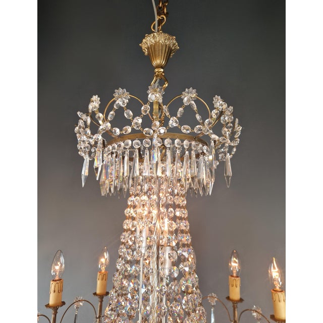 1950s Empire Brass Chandelier Crystal Lustre Ceiling Light For Sale - Image 10 of 12