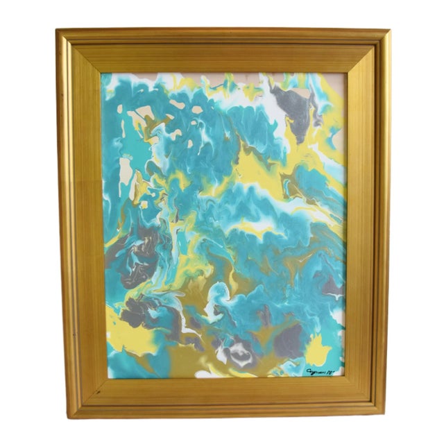 Contemporary Original Contemporary Modern Abstract Marbleized Art Painting W/ Antiqued Gold Wood Frame For Sale - Image 3 of 5