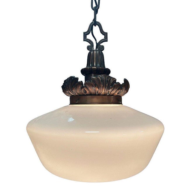 1930s Art Deco Copper Acanthus Leaf Hanging Pendant Light W/ Opal Schoolhouse Globe For Sale - Image 4 of 5