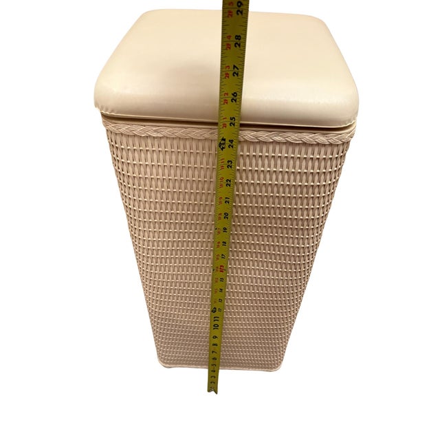 Cream Vintage Lamont Slim Apartment Hamper Wicker-Style Vinyl Padded Top With Hinged Lid For Sale - Image 8 of 10