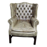 Antique English Georgian Style Distressed Tufted Leather Wingback “Cigar Chair” For Sale