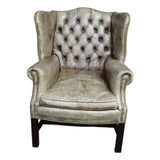 Antique English Georgian Style Distressed Tufted Leather Wingback “Cigar Chair” For Sale