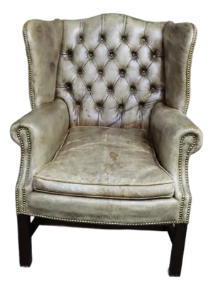 Antique English Georgian Style Distressed Tufted Leather Wingback “Cigar Chair”