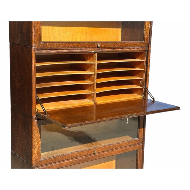 Late 19th Century Antique Arts & Crafts Four Section Tiger Oak Lyre Carved Barrister Bookcase For Sale - Image 5 of 11