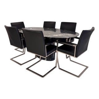 Italian Black Marble Dining Suite with Leather, 1980s, Set of 7 For Sale