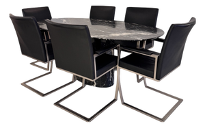 Italian Black Marble Dining Suite with Leather, 1980s, Set of 7