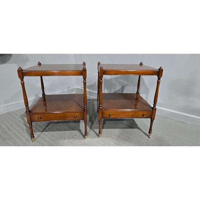 Excellent quality pair Regency style mahogany lamp tables, each with a single drawer on brass cup castors, in excellent...