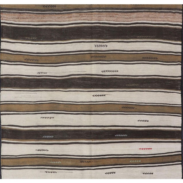 Textile Vintage Turkish Kilim Rug With Ivory, Brown, Olive and Red Stripes For Sale - Image 7 of 11
