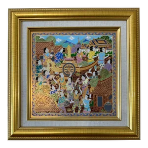 Vintage Mid 20th Century Thai Decorative Painted Ceramic Tile in Wood Frame