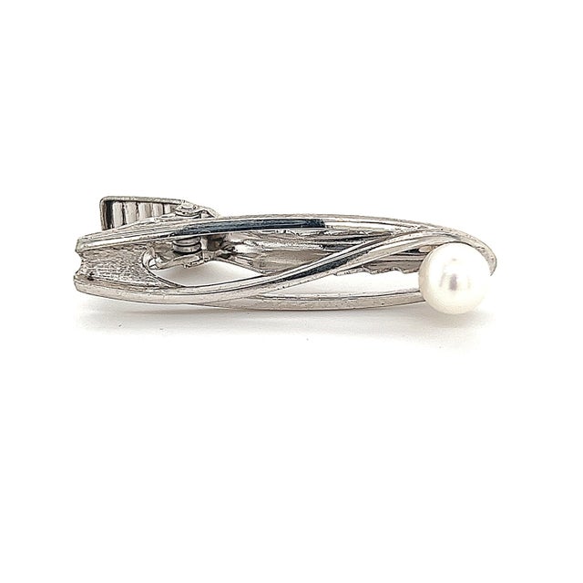1990s Mikimoto Estate Akoya Pearl Men's Tie Clasp Silver 7 mm 5.3 Grams For Sale - Image 4 of 12