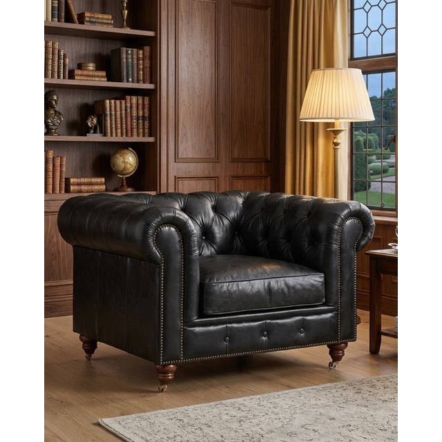 Century Chesterfield Arm Chair - Slate Leather For Sale In Chicago - Image 6 of 7