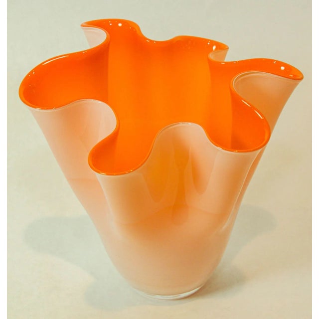 Beautiful Italian Murano Venetian style hand blown orange art glass decorative handkerchief vase. Sculptural handcrafted...