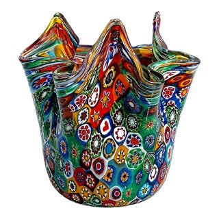 Vintage Italian Murano Style Venetian Blown Art Glass Millefiori Handkerchief Vase For Sale