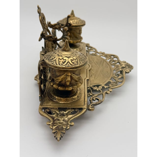 Vintage Ornate Baroque Revival Cast Brass Double Inkwell Desk Set With Porcelain Liners For Sale - Image 12 of 17