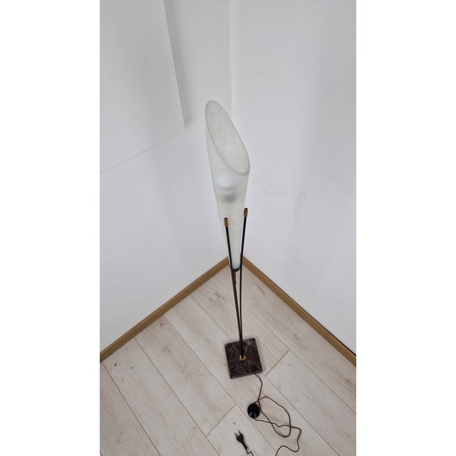 Brass and Iron Floor Lamp with Sandblasted Glass Lampshade and Marble Base, 1950s, in Very Good conditions. Designed 1950...