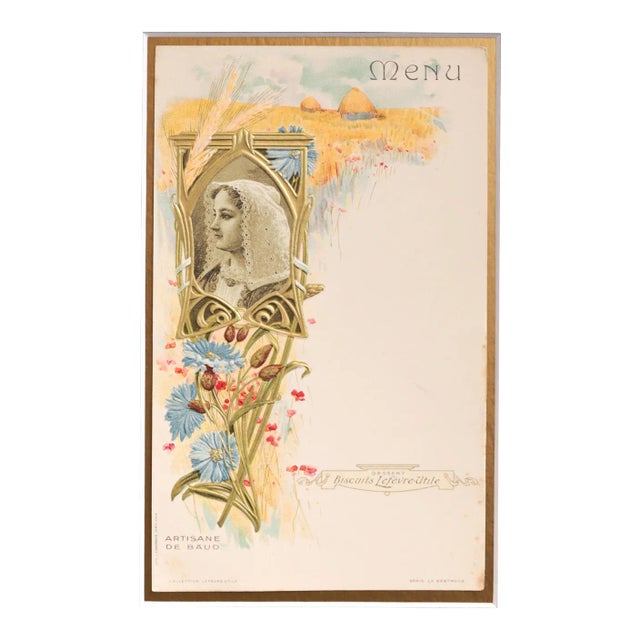 1900 Original French Advertising Menu (Artisane Bretonne De Baud) Matted For Sale