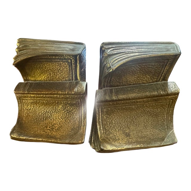 Vintage Leatherlines Books Brass Heavy Bookend Pair For Sale