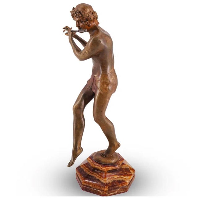 Late 19th Century Pair of Eugene E. Piron Bronze Flautist & Triangle Players For Sale - Image 11 of 12