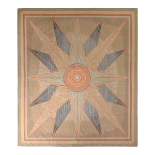 Rug & Kilim’s French Art Deco Style Flat Weave in Beige-Brown and Blue Medallion For Sale