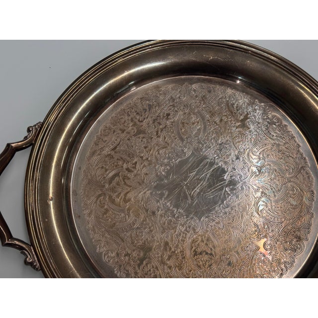 Silverplate Engraved Round Handled Tray, Vintage For Sale - Image 4 of 12