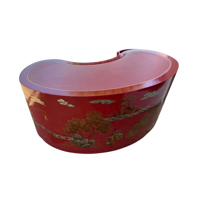 Mid Century Red & Gold Chinoiserie Kidney Shaped Vanity or Desk