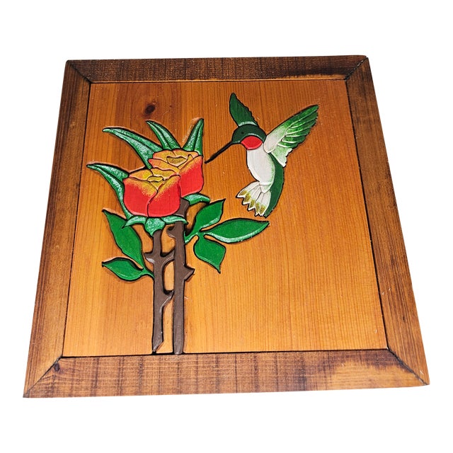 Vintage Hummingbird Bird Carved Real Wood Flowers Tree Plaque, Wall Hanging Art For Sale