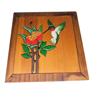 Vintage Hummingbird Bird Carved Real Wood Flowers Tree Plaque, Wall Hanging Art