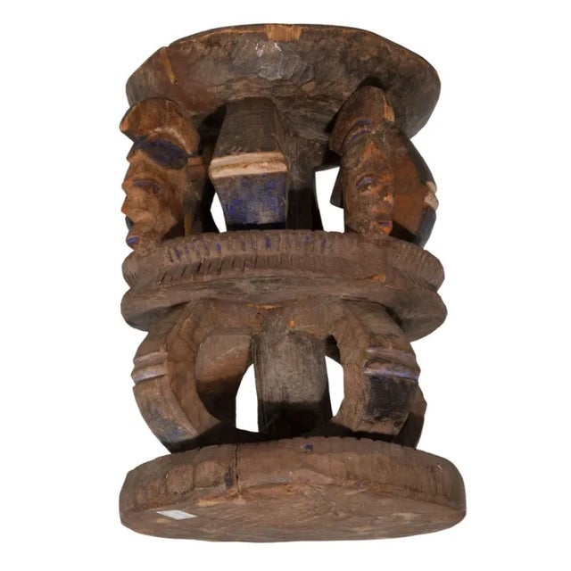 African Antique Yoruba African Painted Carved Wood Stool For Sale - Image 3 of 9