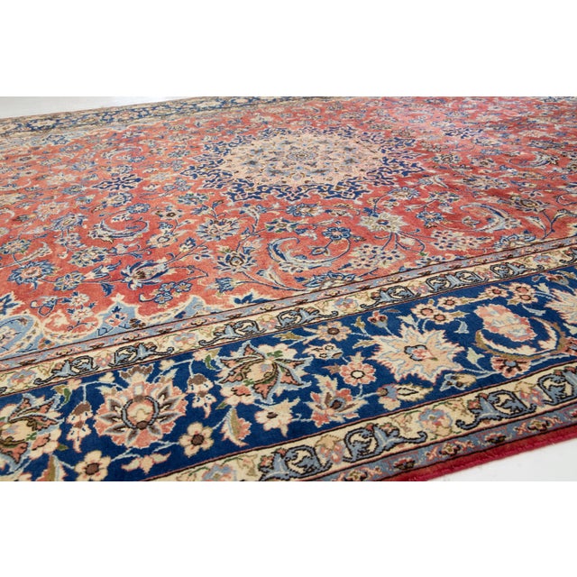 1930s Vintage Persian Isfahan Red Wool Rug With Rosette Motif For Sale - Image 5 of 10
