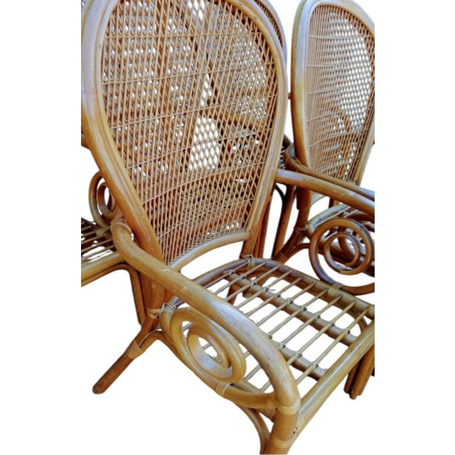 Vintage Large Rattan Honey Tone Coastal Regency Curled Arm Fan Back Dining Chairs- Set of 6 For Sale In West Palm - Image 6 of 8
