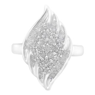 .925 Sterling Silver �� Cttw Round and Baguette Cut Diamond Stair-Stepped Cluster Waterfall Cocktail Ring (I-J Color, I2-I3 Clarity) - Size 7-1/2 For Sale
