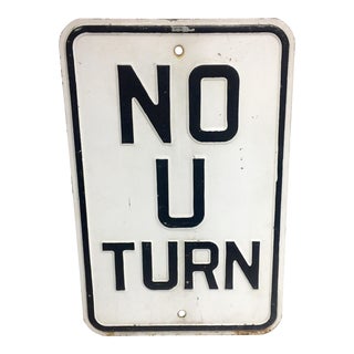 Vintage Embossed Enamel No U-Turn Road Sign For Sale