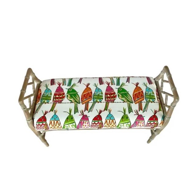 Hollywood Regency Vintage Faux Bamboo Upholstered Bench, Hollywood Regency, Mid 20th Century For Sale - Image 3 of 12