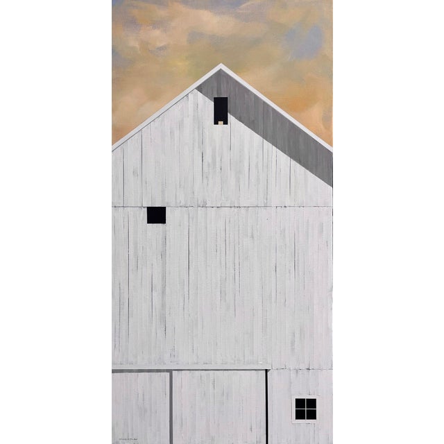 Summer Sunrise by Justin Wheatley | Acrylic on Canvas White Barn With Peach Sky For Sale