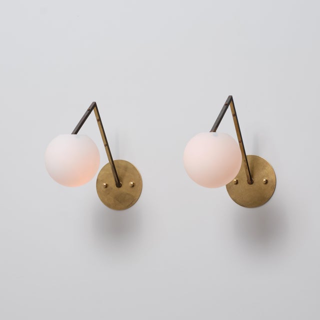 Vintage Italian Geometric Brass and Opaline Globe Wall Sconces, 1950s, Set of 2 For Sale - Image 6 of 14