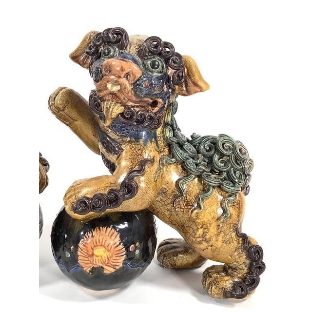 Pair of Mid-Century Chinese Ceramic Polychrome Foo Dog Figurine For Sale In West Palm - Image 6 of 7