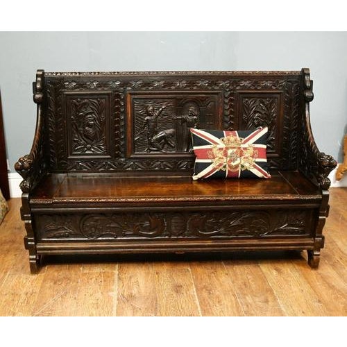 Renaissance Revival Carved Oak Monk's Hall Settle Bench, 1800s For Sale - Image 10 of 10