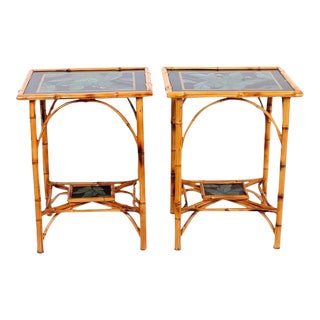 Pair Two Tier Tropical Bamboo Side Tables For Sale