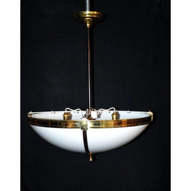 Large Mid-Century Four-Light Opaline and Polished Brass Bowl Chandelier, 1960s For Sale - Image 9 of 17
